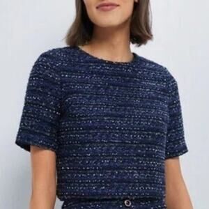 Tuckernuck Hyacinth House Navy Tweed Georgia Blouse M, NWT Short Sleeve Textured